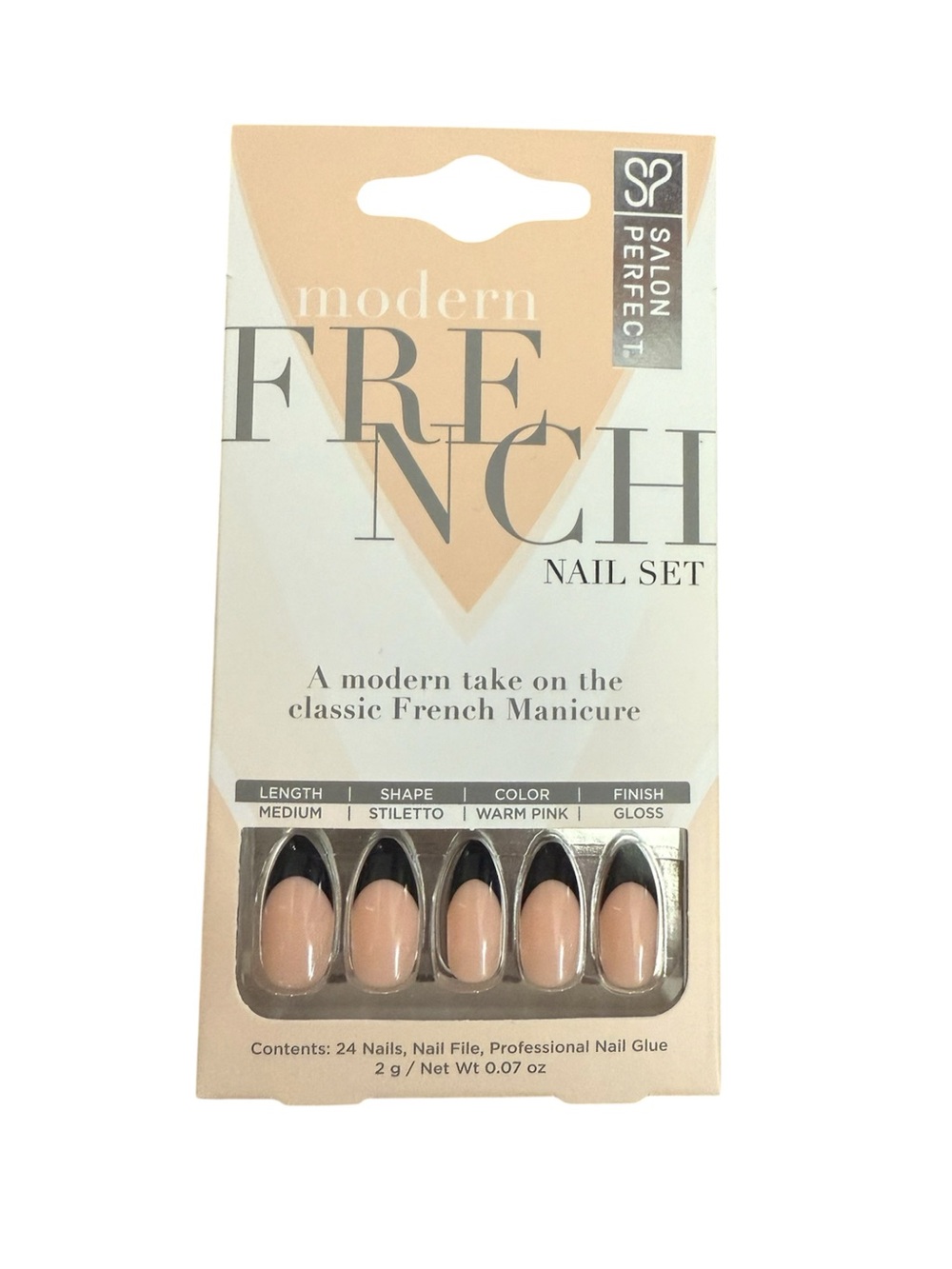 Salon Perfect French Nail Set Black Medium Stiletto Warm Pink Press On Nails New
